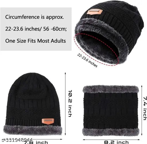 Wool unisex winter beanie cap + muffler scarf combo (any color), soft knit, warm & stylish accessory