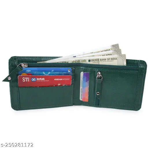 Solid faux leather classic world wallet, holds 5 cards & coins, two zip pockets, perfect gift for men & women
