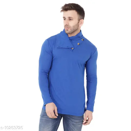 Blue cotton blend Blisstone long sleeves high neck t-shirt, solid pattern, fashionable women's top on hanger