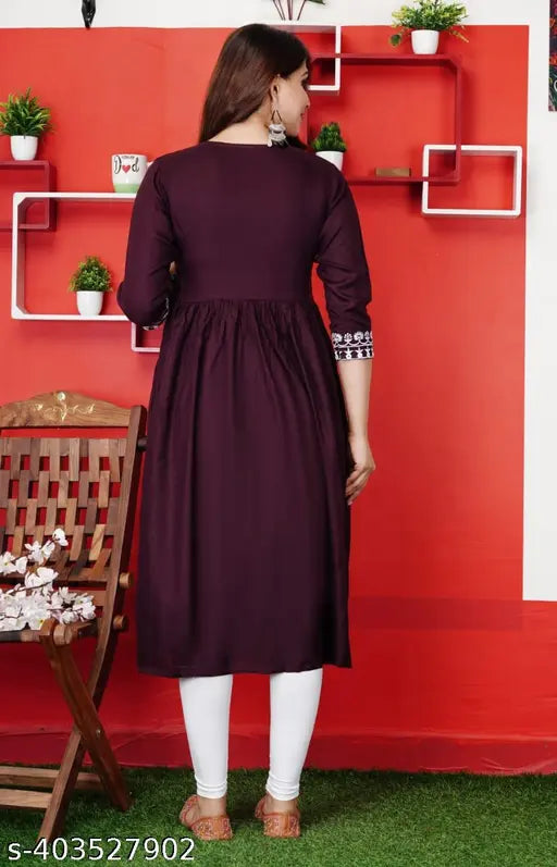 Rayon embroidered Anarkali kurta, three-quarter sleeves, Indian printed gown for women and girls