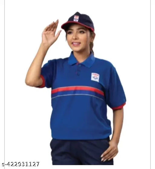 Hindustan Petroleum HPCL T-shirt, royal blue with contrast red rib and collar, printed logo on left side, short sleeves, polycotton fabric