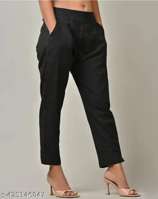 Solid cotton Urbane trousers for women, available in sizes M-XXXL. Made in India