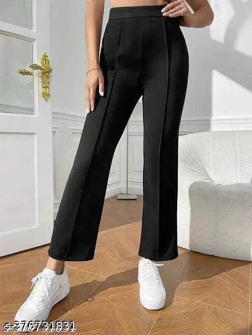 Cotton blend casual-formal women's trousers, solid net pattern. Available in sizes 24, 26, 28, 30, 32 (Waist: 24/26/28/30/32, Hip: 26/26/28/30/32, Length: 36/37/37/37/37 inches). Made in India