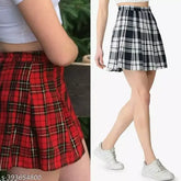 Cotton checked mini skirts combo for women & girls, stylish high waist pleated and tennis skirts pair, lucky fashion hubs, sizes 24, 26, 28, 30, 32
