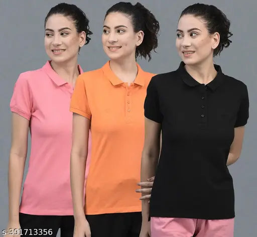 Orange cotton blend polo t-shirts pack of 3 - Dollar Women's solid athleisure, India