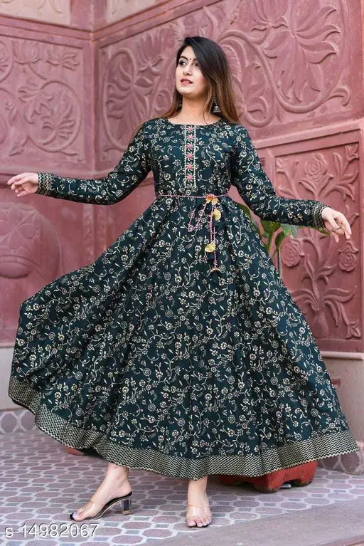 Rayon, long-sleeved floral printed Anarkali ankle-length gown kurta with attached dori tassels - stylish Indian women's fashion
