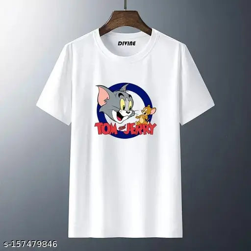 Tom & Jerry White Printed Round Neck T-shirt, polyester, short sleeves, printed design on display