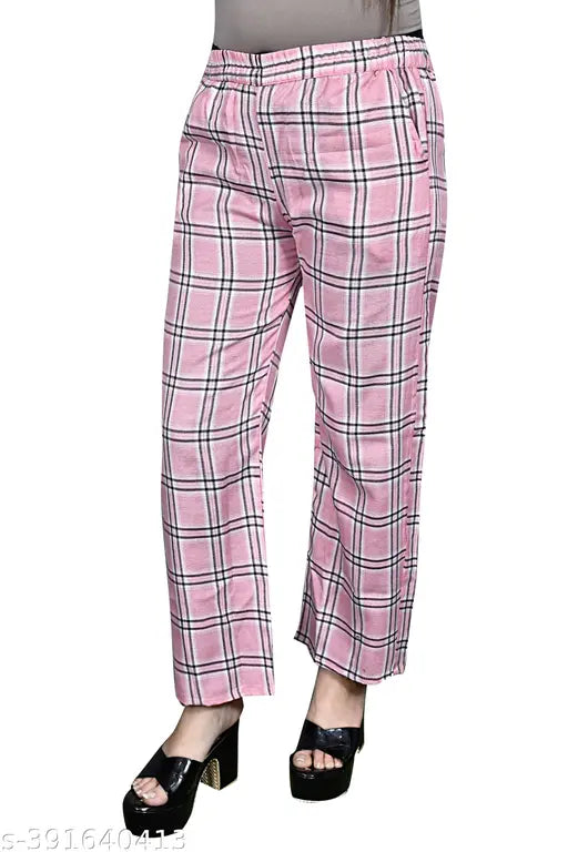 Baby Pink checked cotton trousers pack of 1 - Latest feminine women's trouser, custom-made for the future of clothing, IFFI FASHION, India