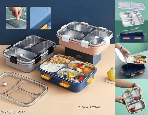 Stainless steel, 3-compartment insulated lunch box for kids - multi color, perfect for school & office use, durable and leak-proof