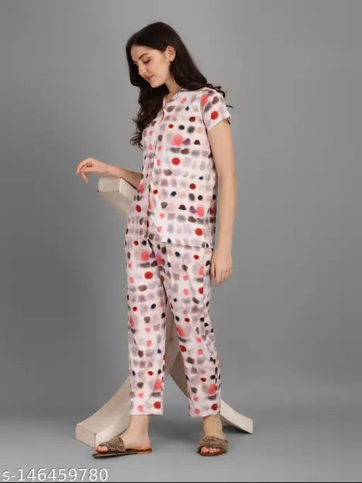 Kinjo women's printed pyjama set, full night suit in poly silk with short sleeves, vibrant pattern on display