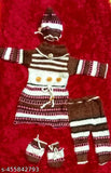 Woolen Radhe Krishna kids winter dress set with pajama, socks, and cap - Indian colorblocked design for 0-3 months