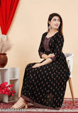 Rayon printed black Anarkali kurti for women, three-quarter sleeves, S-XXXL sizes, elegant Indian fashion with a modern twist