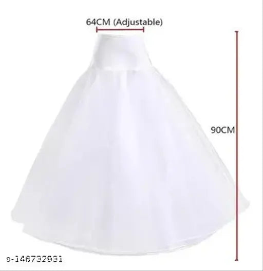 White net flared skirt, adjustable waist (24-36"), hand wash only, best for parties/weddings under lehenga, sari or gown. Crinoline underskirt with A-line style, puffy and elegant design, made in India (Size 34: Waist 30in, Length 34in, Hip 36in)