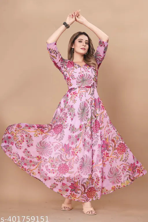 Pristino pink georgette floral printed dress with dupatta, three-quarter sleeves - Indian ethnic wear set for women