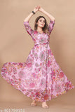 Pristino pink georgette floral printed dress with dupatta, three-quarter sleeves - Indian ethnic wear set for women