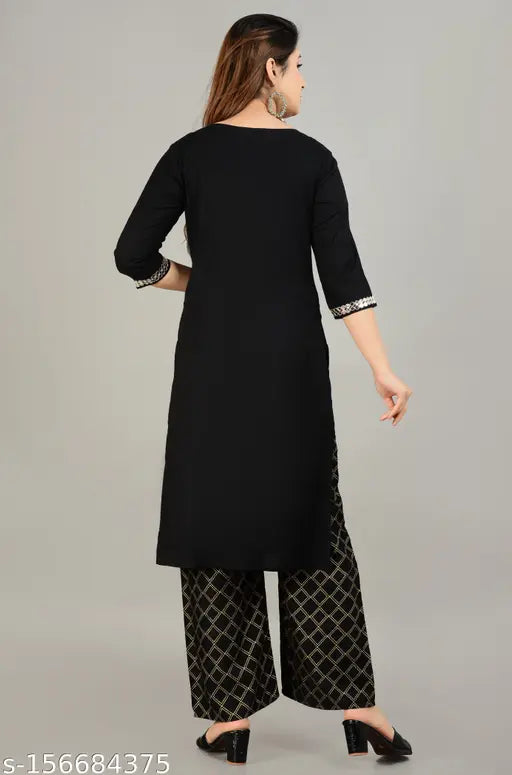 Rayon kurta set with palazzos, three-quarter sleeves for women, solid color, Indian origin