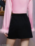 Black polyester mini bodycon skirt for women, elegant solid net style with high waist and short fit, suitable for sizes 26, 28, 30, 32. Made in India