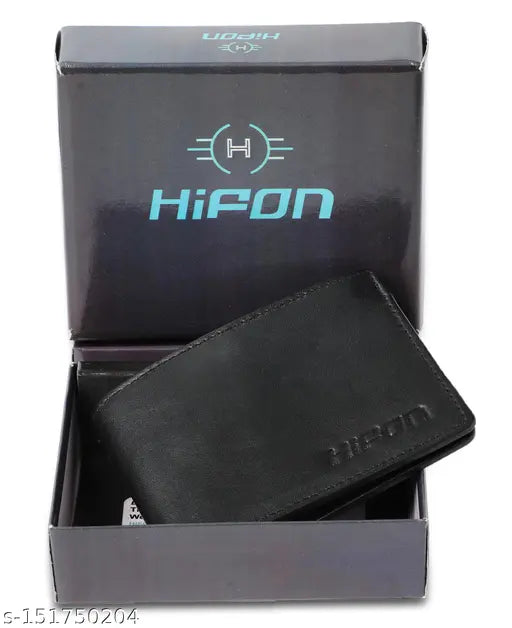Genuine leather black men's wallet, stylish two-fold design with 2 compartments, credit card pockets, currency holder, and transparent ID window. Perfect gift for men under $200
