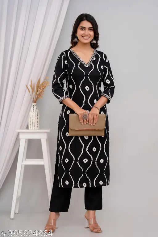 Black rayon embroidered polka dot kurta for party wear, three-quarter sleeves, printed combo, size S (36in bust, 46in length)