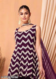 Embroidered wine-colored Georgette kurta sharara set with dupatta for women, intricately embellished Indian fashion on display