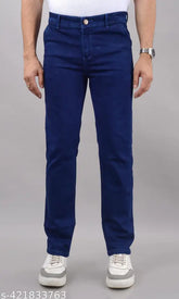 Men's regular stretchable denim jeans, blue solid pattern for versatile casual to semi-formal wear. Size 42, 44, 46, 48, 50 (Waist 42/44/46/48/50, Hip 47/49/51/53/55, Length 41in). Made in India