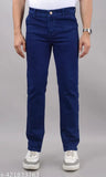 Men's regular stretchable denim jeans, blue solid pattern for versatile casual to semi-formal wear. Size 42, 44, 46, 48, 50 (Waist 42/44/46/48/50, Hip 47/49/51/53/55, Length 41in). Made in India
