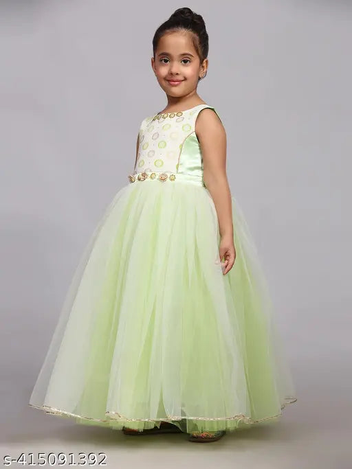 Green net girls printed party gown dress, toy balloon parrot design, kids full-length fashion for ages 1-12 years