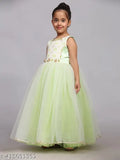 Green net girls printed party gown dress, toy balloon parrot design, kids full-length fashion for ages 1-12 years