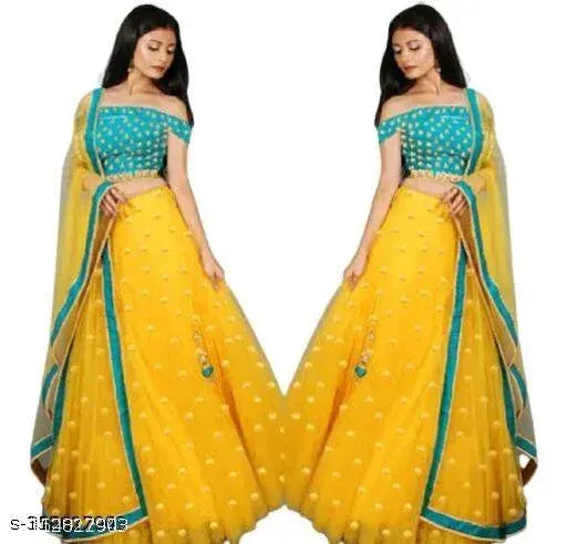 Yellow net semi-stitched lehenga with color embroidery work blouse and lace dupatta, satin topwear and net bottomwear