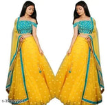 Yellow net semi-stitched lehenga with color embroidery work blouse and lace dupatta, satin topwear and net bottomwear