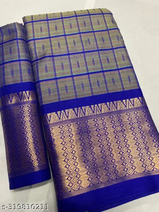 Sky blue Binny Silk blouse with checked pattern and net detail, traditional Rajasthani embroidery on plain printed Nauvari Gergette blouse, free delivery for wedding wear or party fashion
