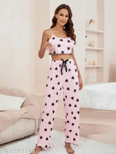 Multi-colored digital heart print solid satin crop top & pyjama set for women, ideal for night parties