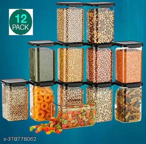 Unbreakable BPA-free square design kitchen organizer set, featuring 12 air-tight plastic storage containers with 1100ml capacity each for pantry organization