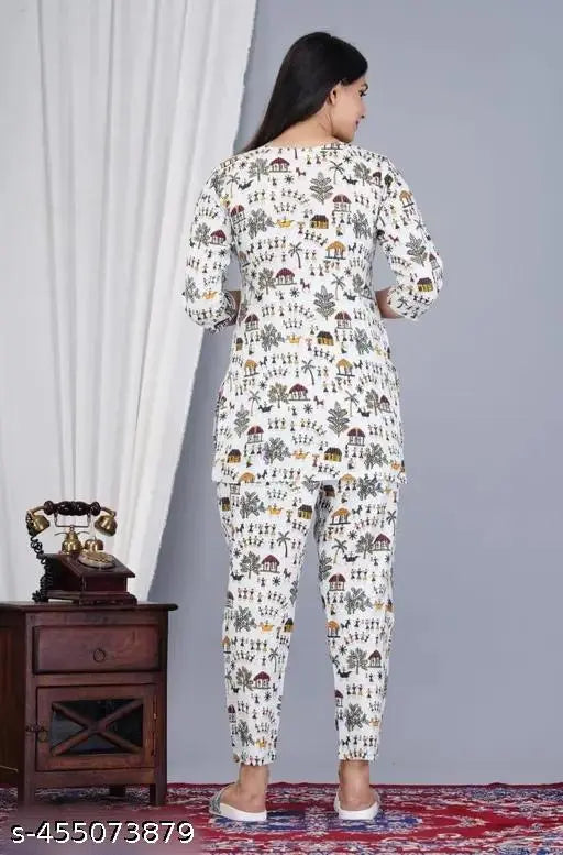 Printed rayon night suit set with round neck top and pyjamas, perfect for work from home or relaxation - Indian made