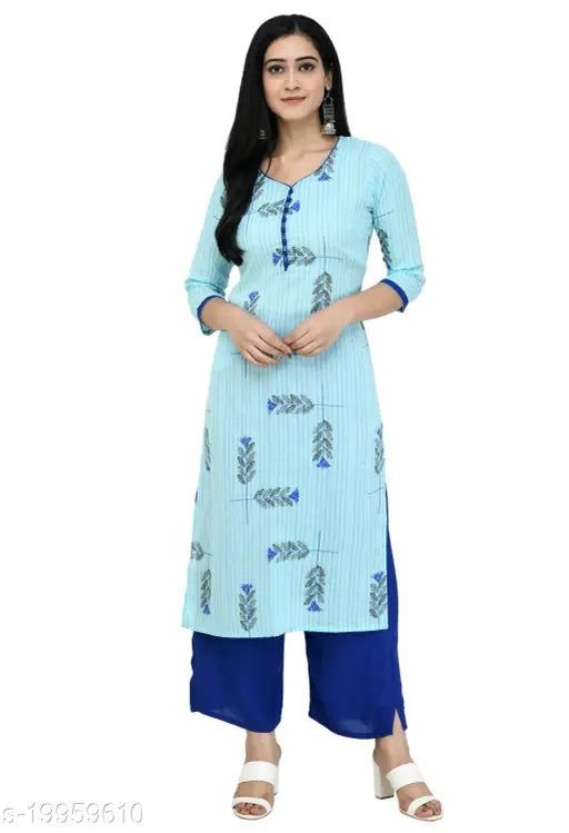 Fashionable women's cotton kurta set with palazzos, three-quarter sleeves, embroidered net, size S-XL. Made in India." (125 characters)