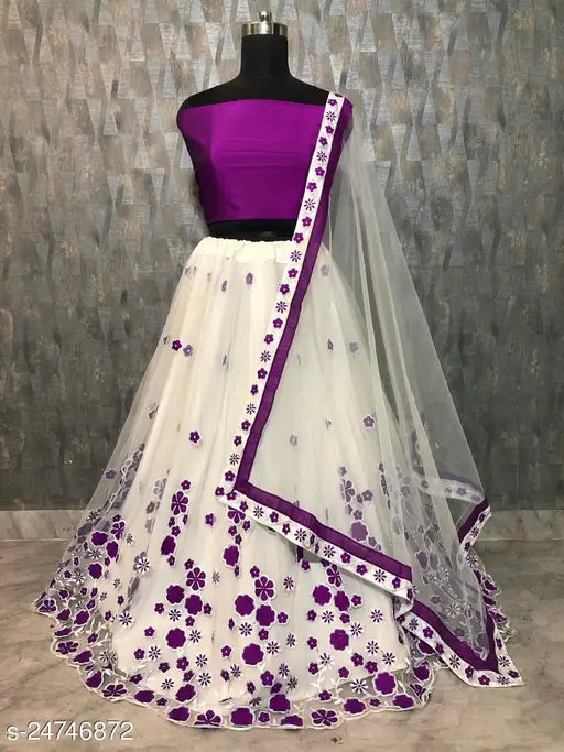 Simple taffeta silk lehenga with net dupatta, Indian embroidery for Garba Navratri partywear