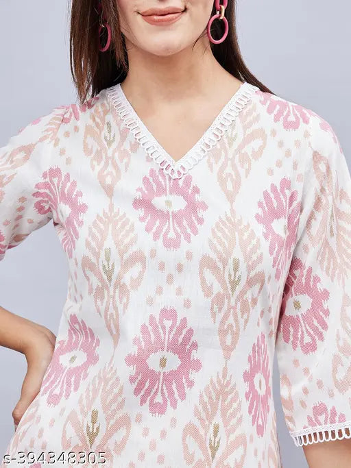 WineRed Woman White Geometric Print Neck Lace Detailing Kurta Set - Cotton, three-quarter sleeves, pack of 2 sizes (S-XXL), Indian printed kurta set for party wear or casual occasions