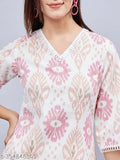 WineRed Woman White Geometric Print Neck Lace Detailing Kurta Set - Cotton, three-quarter sleeves, pack of 2 sizes (S-XXL), Indian printed kurta set for party wear or casual occasions