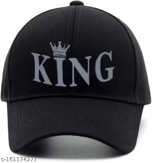 Adjustable black cotton baseball cap with 3D rubber printed King design for men and boys