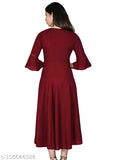 Trendy maroon rayon flared kurtis for women, three-quarter sleeves, solid pattern. Versatile A-line dress transitions from knee to maxi length, comfy lining, India origin