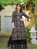 Printed rayon kurta sharara sets in three-quarter sleeves, pack of 2 sizes: M, L, XL, XXL. Indian ethnic wear on model