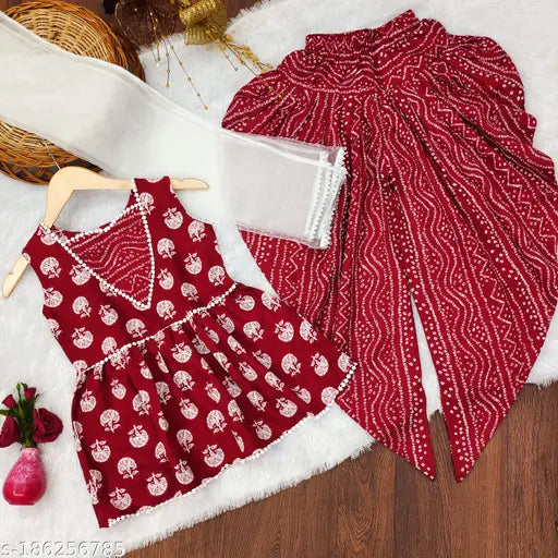 Cotton Girls Kurta Dhoti Set, printed anarkali top with sleeveless dhoti pants and dupatta, perfect for traditional Indian occasions