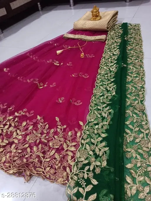 Traditional silk & net embroidered lehenga set, unstitched, featuring embellished belt and dupatta in Indian motifs