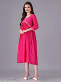 Red cotton blend Anarkali kurta with animal print dyed/washed combo, three-quarter sleeves for women, India origin
