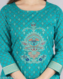 Printed rayon three-quarter sleeve kurtis from Jaipuri, India - vibrant pattern on single sized clothing (S-XXXL)