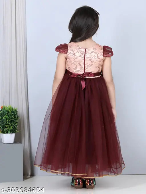 Maroon net party gown for kids, short sleeves with toy balloon print #kidsootd #childrenswear