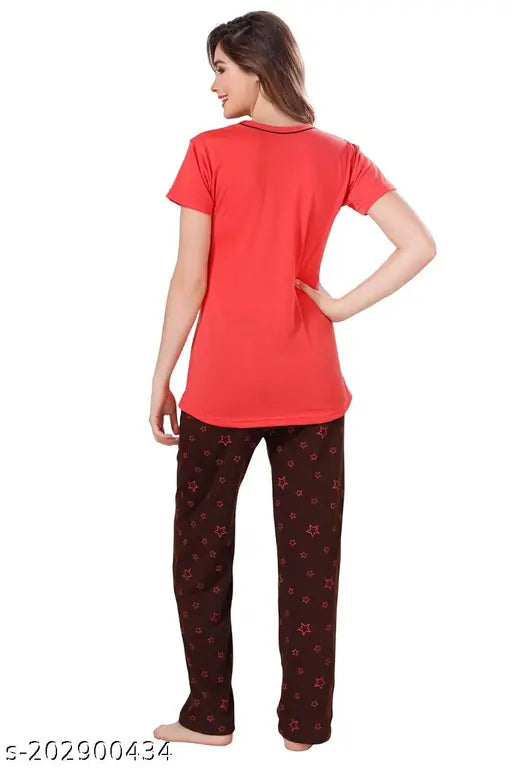 Tomato red hosiery cotton printed half sleeve T-shirt & pyjama pants nightsuit set for women, soft & comfortable sleepwear