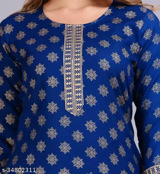 Blue gold print rayon kurta-palazzo ethnic set in Demirner, soft rayon quality, three-quarter sleeves