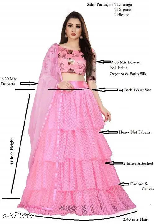 Gold-foil embroidered organza lehenga with net bottom and dupatta, free size, Indian bridal wear