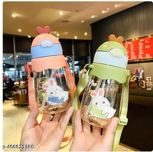 Multicolor Greenfinch Rabbit cartoon baby plastic water bottle set with straw strap (650 ml), leak-proof and BPA-free